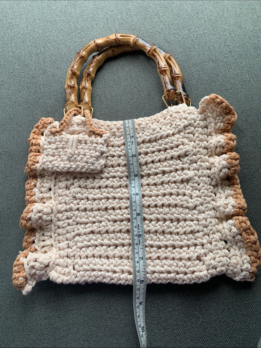 Cream & Tan Crochet Tote with Bamboo Handles - Picture 5 of 5